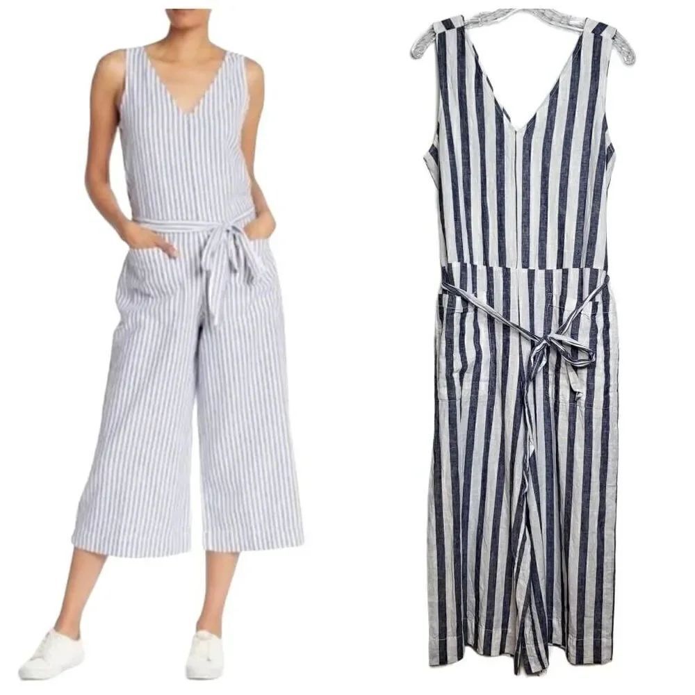 Beachlunchlounge Linen Blend Stripe Blue White  Jumpsuit Size Medium